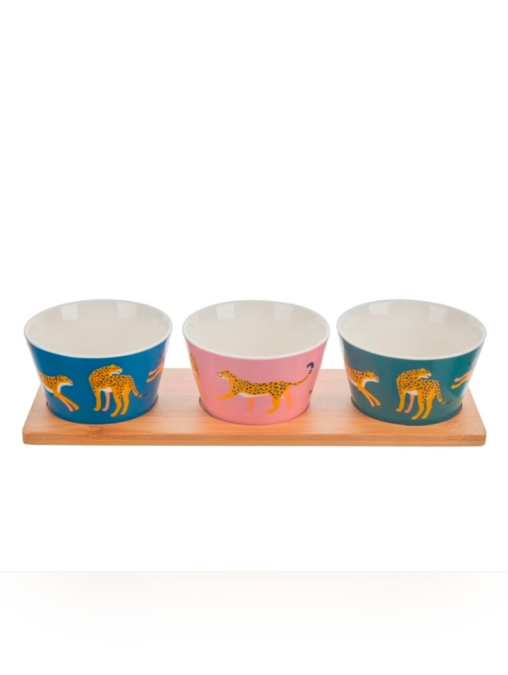 Leopard Accent Ceramic Bowl Trio with Bamboo Tray - Pink & Blue
